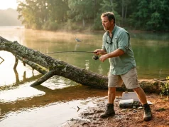 5 Shore Casting Angle Mistakes That Cost You Fish Shore angler casting parallel to a fallen tree structure from the bank