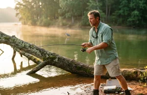 5 Shore Casting Angle Mistakes That Cost You Fish Shore angler casting parallel to a fallen tree structure from the bank