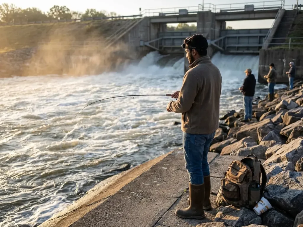 Shore angler casting jig into river eddy from rocky bank during spring walleye run