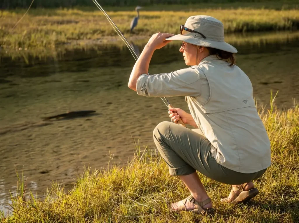 Angler crouching low on a bank sight fishing for carp in clear shallows
