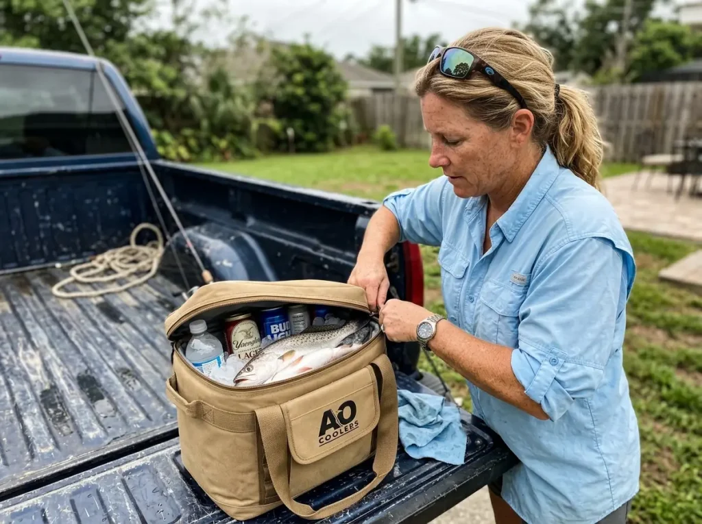 A modest catch and drinks packed in a dual-purpose soft cooler sized to a casual day of fishing