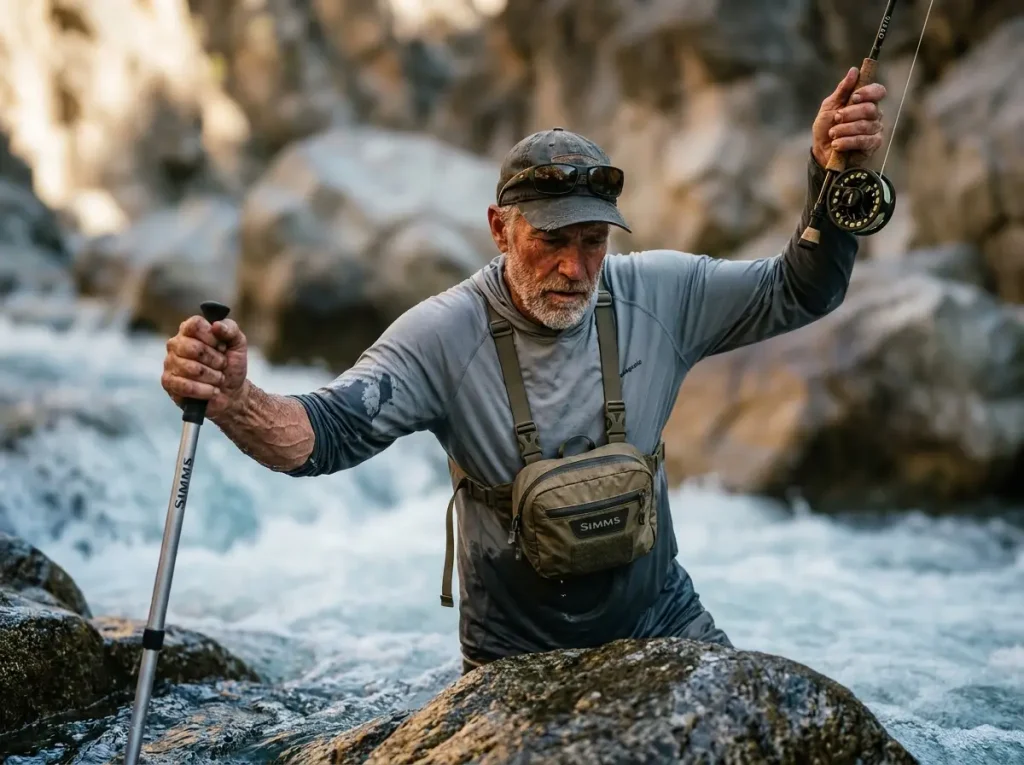 Angler navigating steep river gradients for steelhead