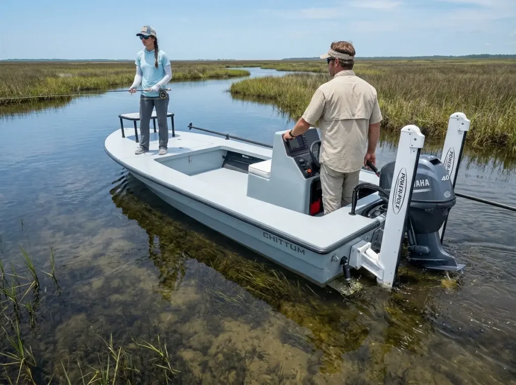 Technical skiff deploying shallow anchors in skinny water