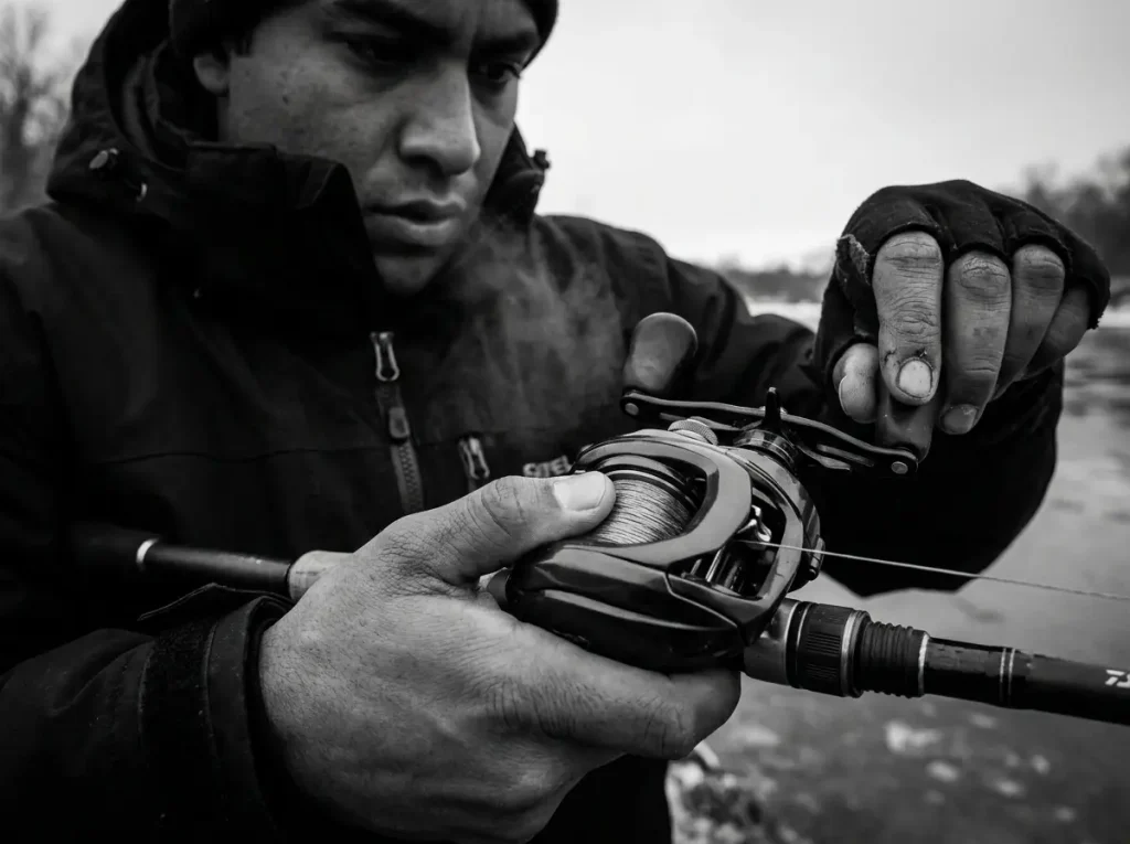 Angler retrieving a crankbait extremely slowly to match winter bass metabolism