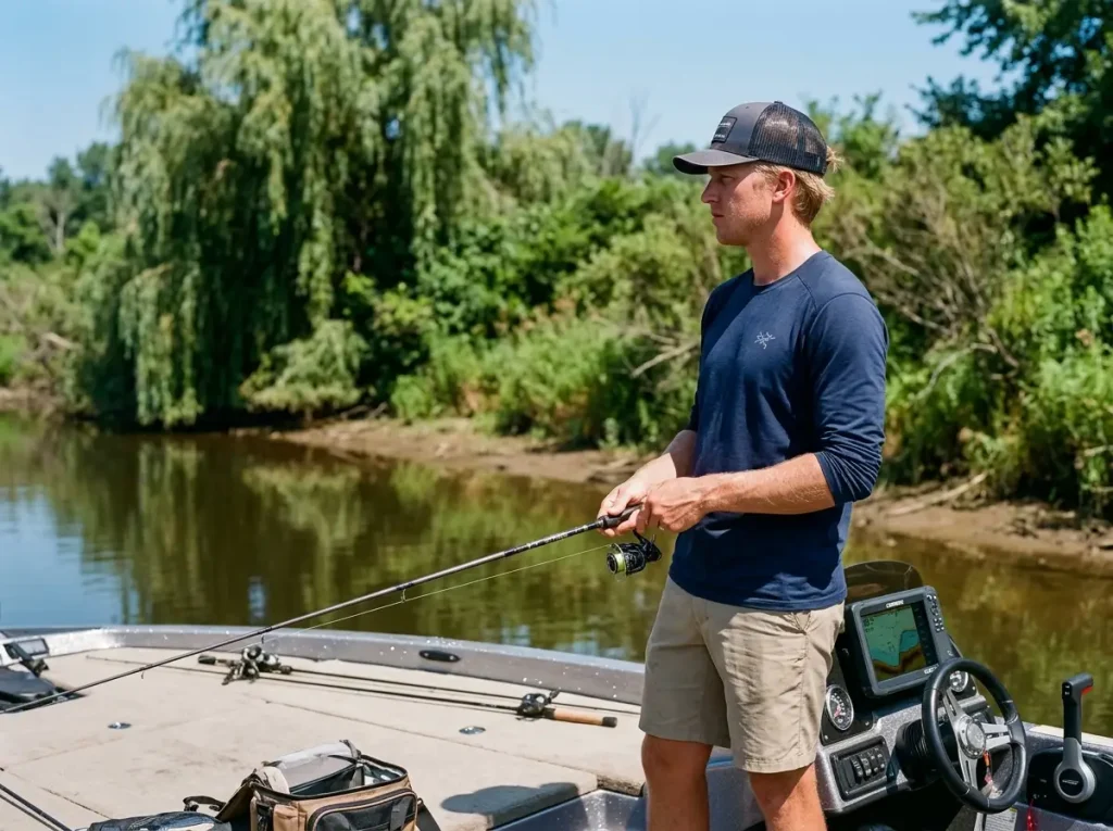 Angler motionless waiting out a slow retrieve during summer metabolic slump.
