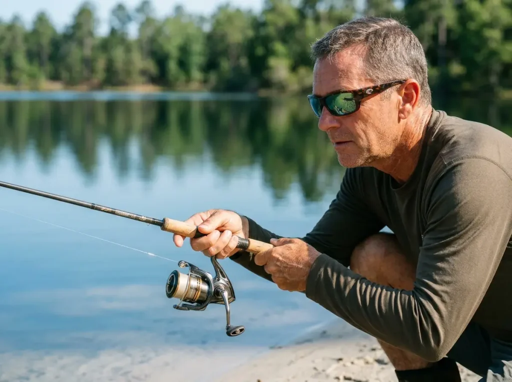 Angler crouching low for a stealth side-arm cast to avoid detection through Snell's window