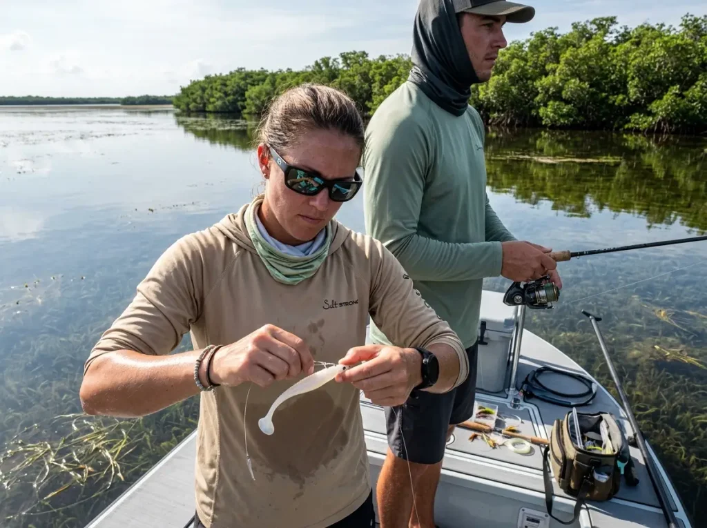 Anglers preparing a Salt Strong Slam Shady on a hot grass flat in the Everglades
