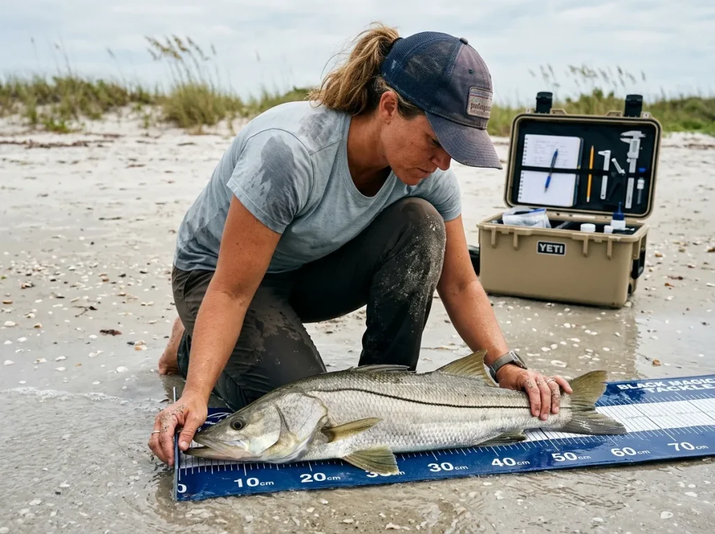Marine biologist measuring snook, validating the biological data behind snook fishing inshore tactics and seasonal patterns.