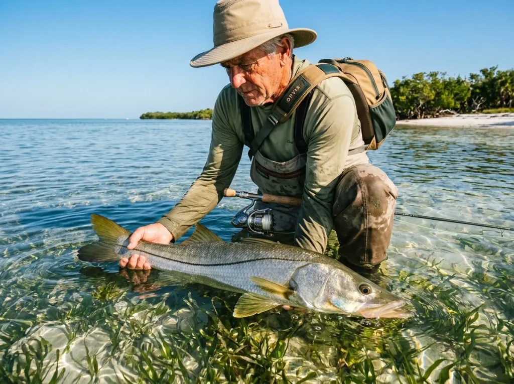 Angler carefully reviving a snook, ensuring conservation within snook fishing inshore tactics and seasonal patterns.