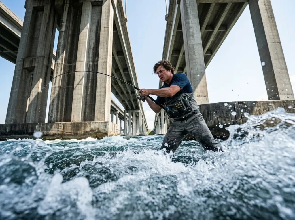 Angler casting into a bridge seam, using hydrodynamic science for snook fishing inshore tactics and seasonal patterns.