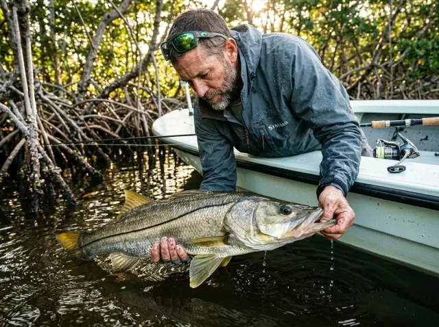 snook-fishing-inshore-tactics-seasonal-patterns-hero Angler practicing effective catch-and-release, demonstrating key snook fishing inshore tactics and seasonal patterns.