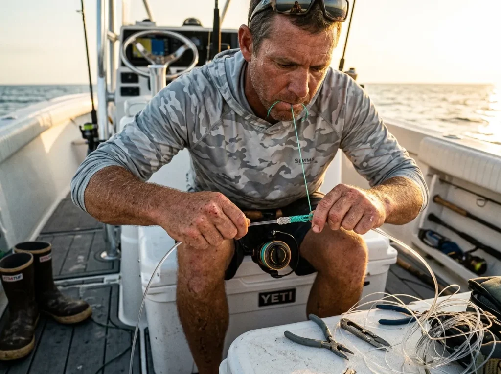 Angler tying an FG knot with fluorocarbon for advanced snook fishing inshore tactics and seasonal patterns.