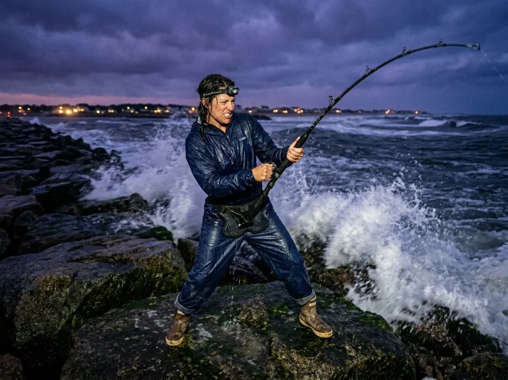 Angler fighting fish at the inlet, highlighting summer snook fishing inshore tactics and seasonal patterns.