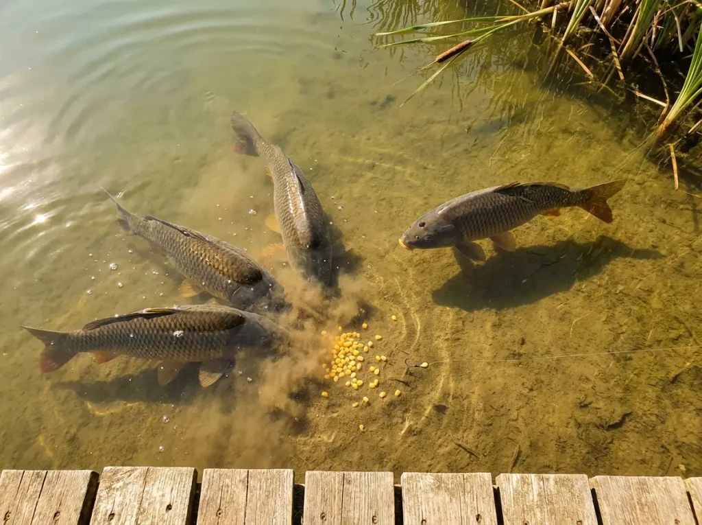 School of carp feeding cautiously near bait while one fish hangs back