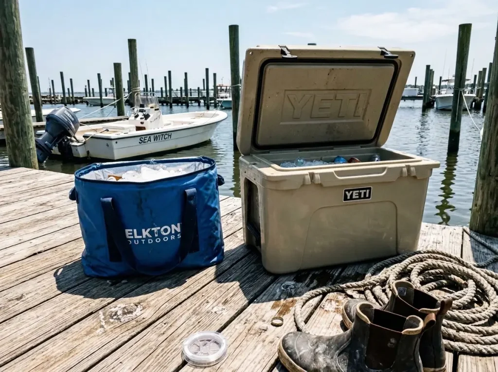 A soft fishing cooler bag beside a hard cooler on a dock showing the trade-off for keeping a catch fresh