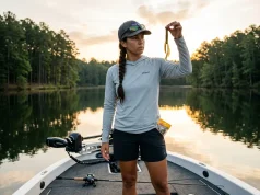 How to Pick Soft Plastic Colors by Water Clarity Angler inspecting soft plastic color selection against sunlight for water clarity.