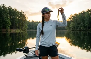 How to Pick Soft Plastic Colors by Water Clarity Angler inspecting soft plastic color selection against sunlight for water clarity.
