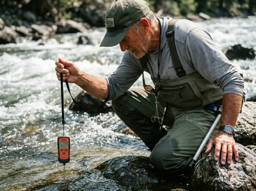 Fishing guide checking water temperature with a thermometer