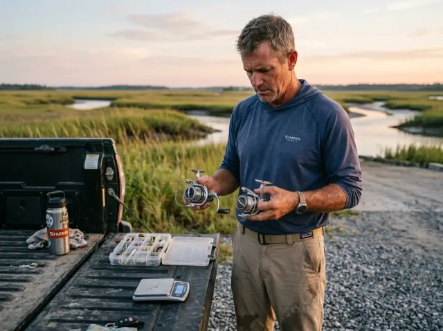 spinning-reel-size-comparison-tailgate Angler comparing spinning reel size chart 1000 to 6000 explained differences on a tailgate.