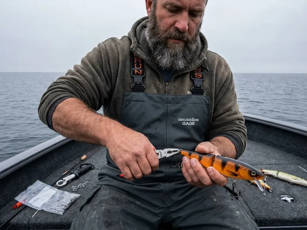 Angler replacing split rings on large musky lure with heavy-duty pliers on boat