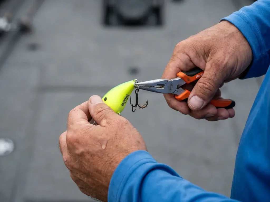 Hands using split ring pliers to replace treble hook on crankbait split ring