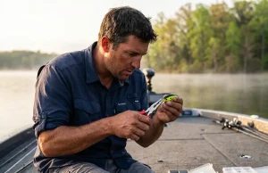 5 Split Ring Sizing Mistakes That Cost You Fish Angler inspecting split ring on crankbait with split ring pliers on boat deck