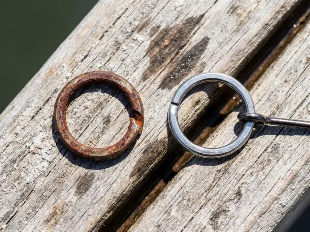 Side-by-side comparison of corroded carbon steel and clean stainless split rings on saltwater pier