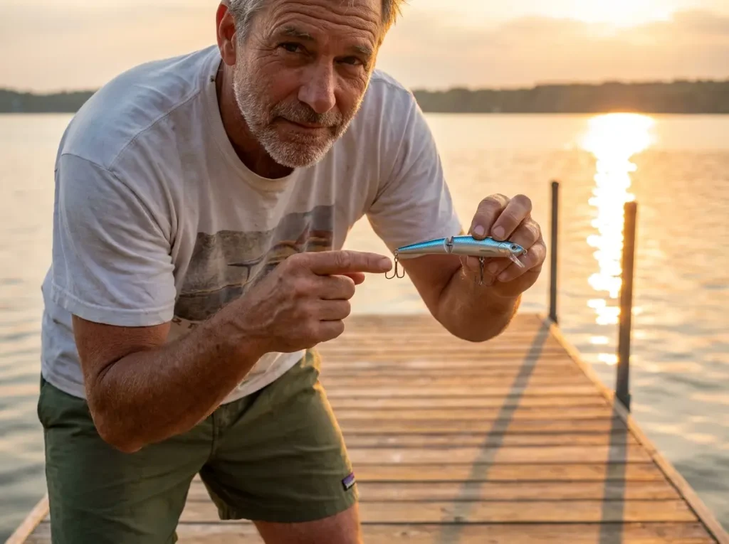 Angler holding crankbait showing bent distorted split ring that needs replacement
