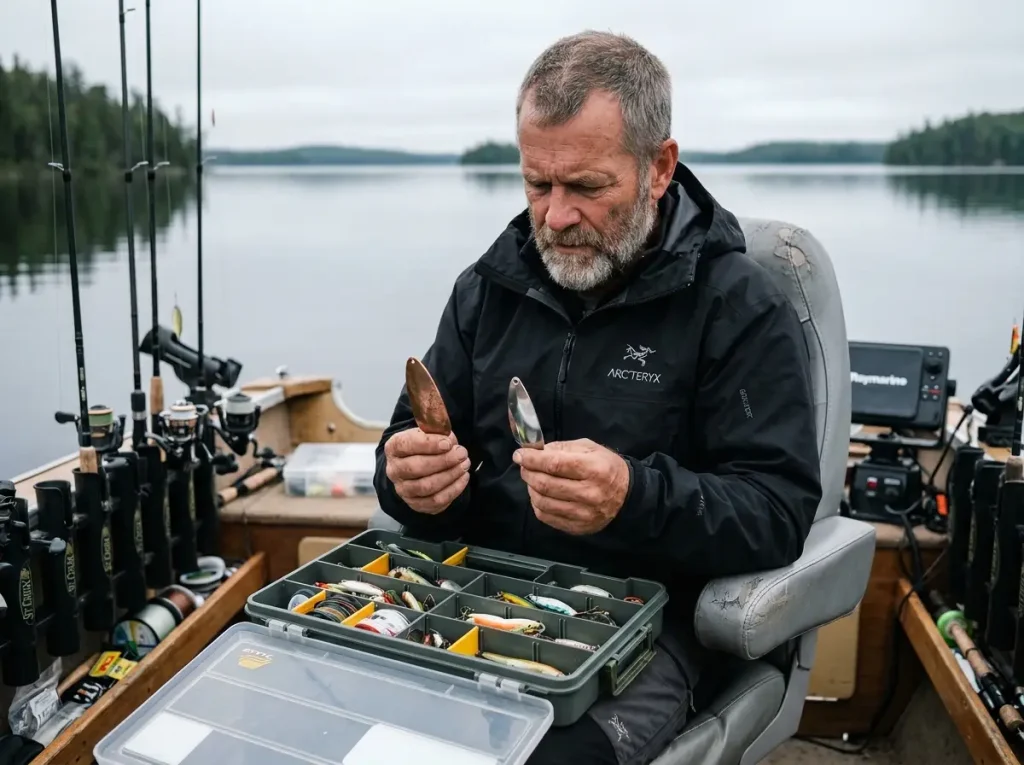 Angler comparing metallic alloys and gauge thickness in fishing spoons