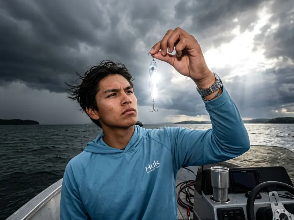 Checking optical reflectance of a silver fishing spoon under the sky