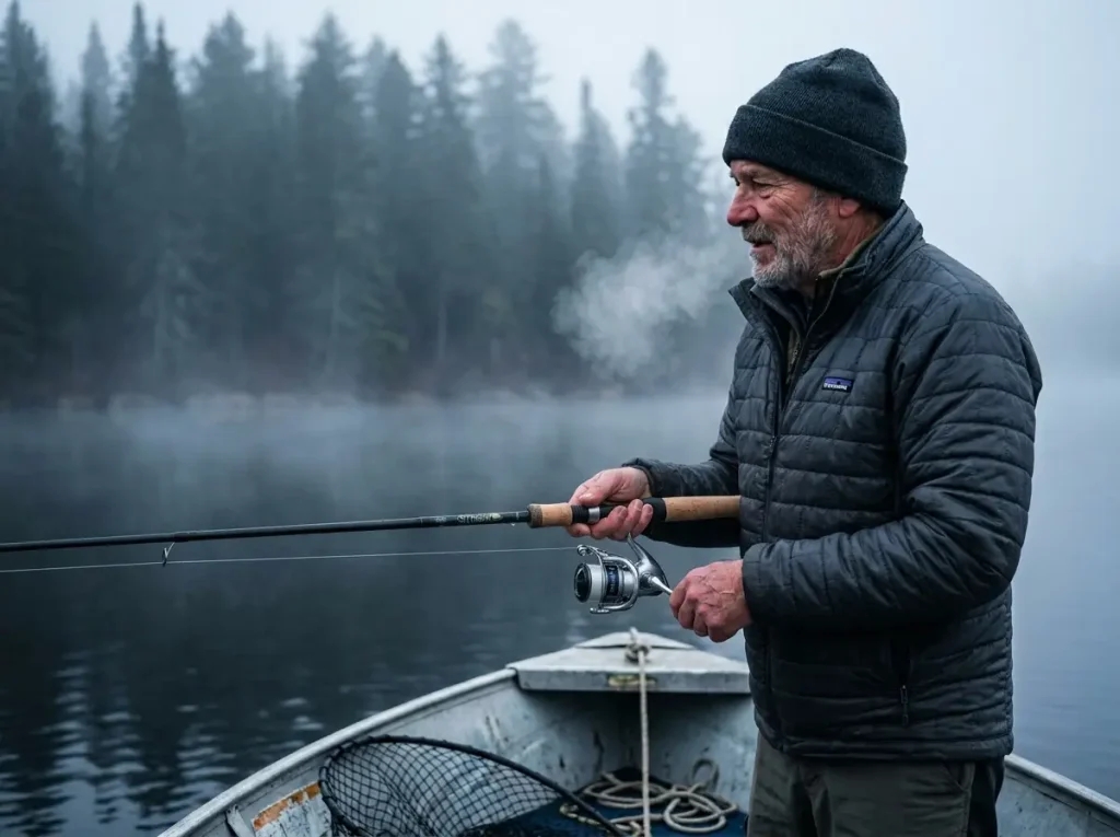 Angler slow rolling a spoon in cold water to match predator bioenergetics