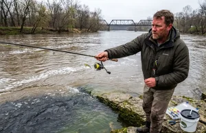 Spring River Walleye Tactics for the Pre-Spawn Window Angler jigging for pre-spawn walleye along a river current seam in early spring