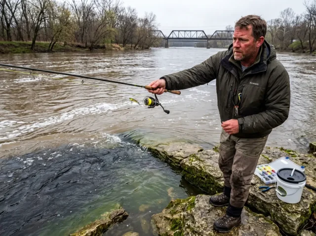 spring-river-walleye-pre-spawn-jigging-hero Angler jigging for pre-spawn walleye along a river current seam in early spring