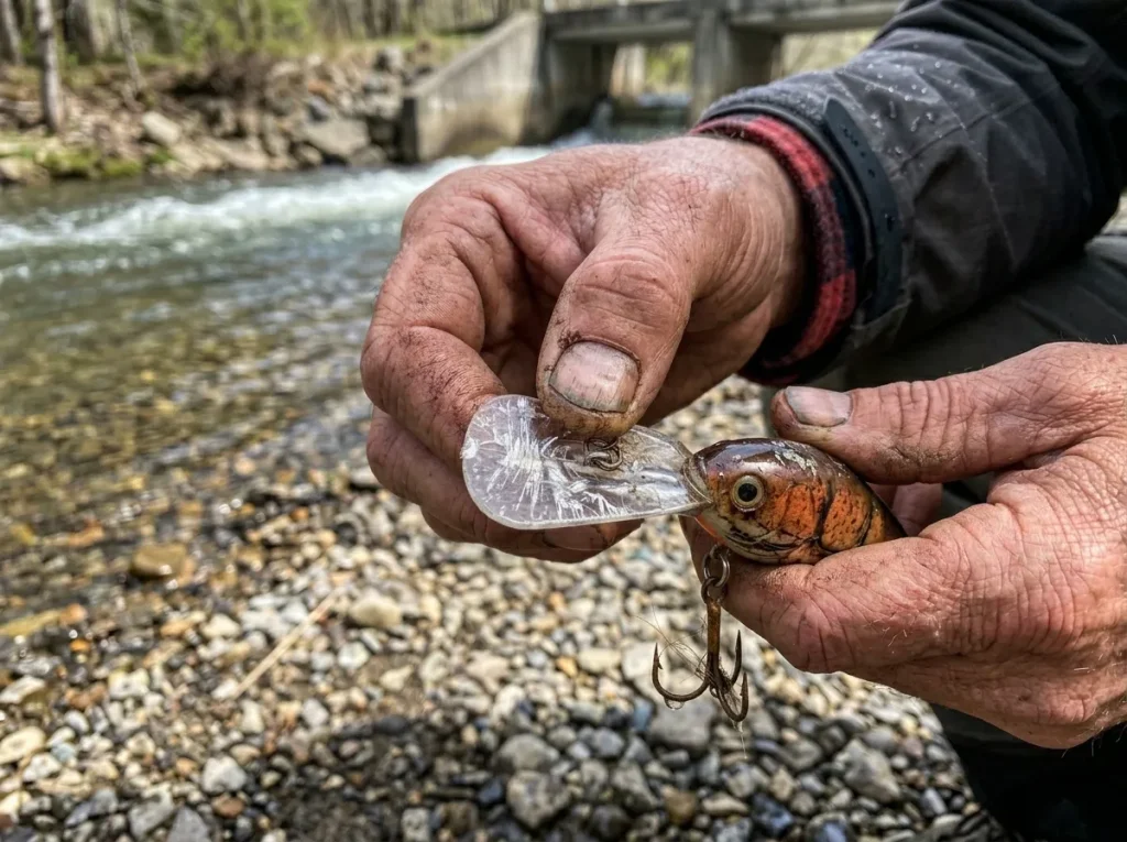 Calloused hands inspecting the impact scratches on a square-bill crankbait