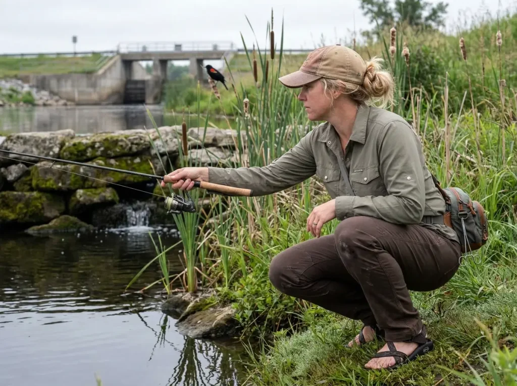 Angler crouching low on bank making a careful first cast to nearby structure