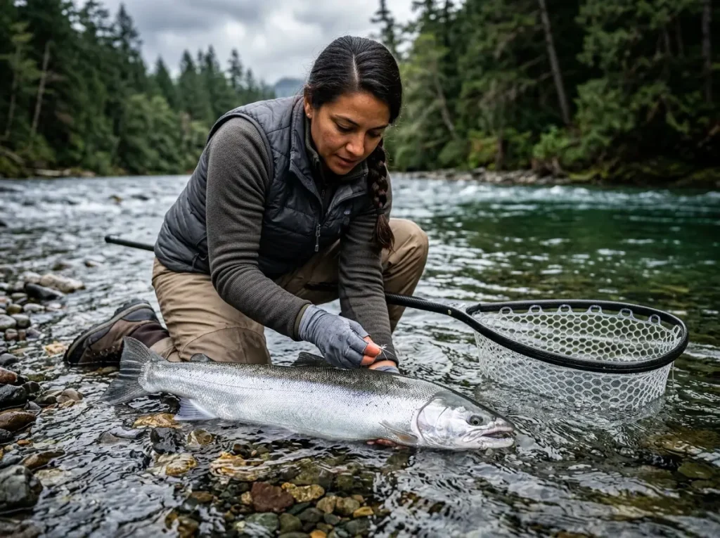 Angler practicing safe catch and release on wild steelhead