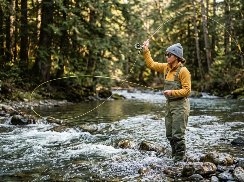 Angler mending line to match drift speed when learning how to catch steelhead river drift fishing