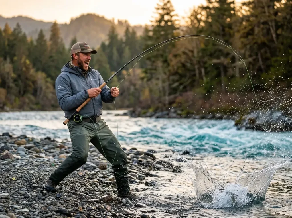 Setting the hook on a reaction strike while river drift fishing