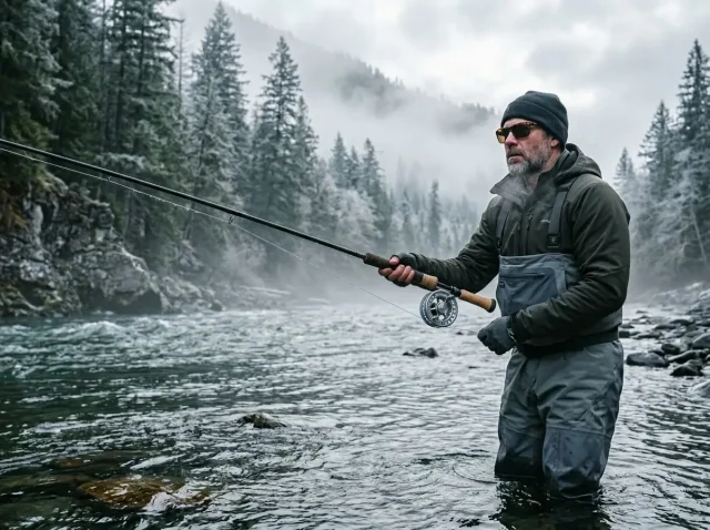 steelhead-facts-winter-river-fishing Angler with spey rod on winter river evaluating steelhead facts