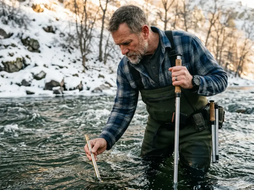 Guide testing water temperature to gauge steelhead metabolism
