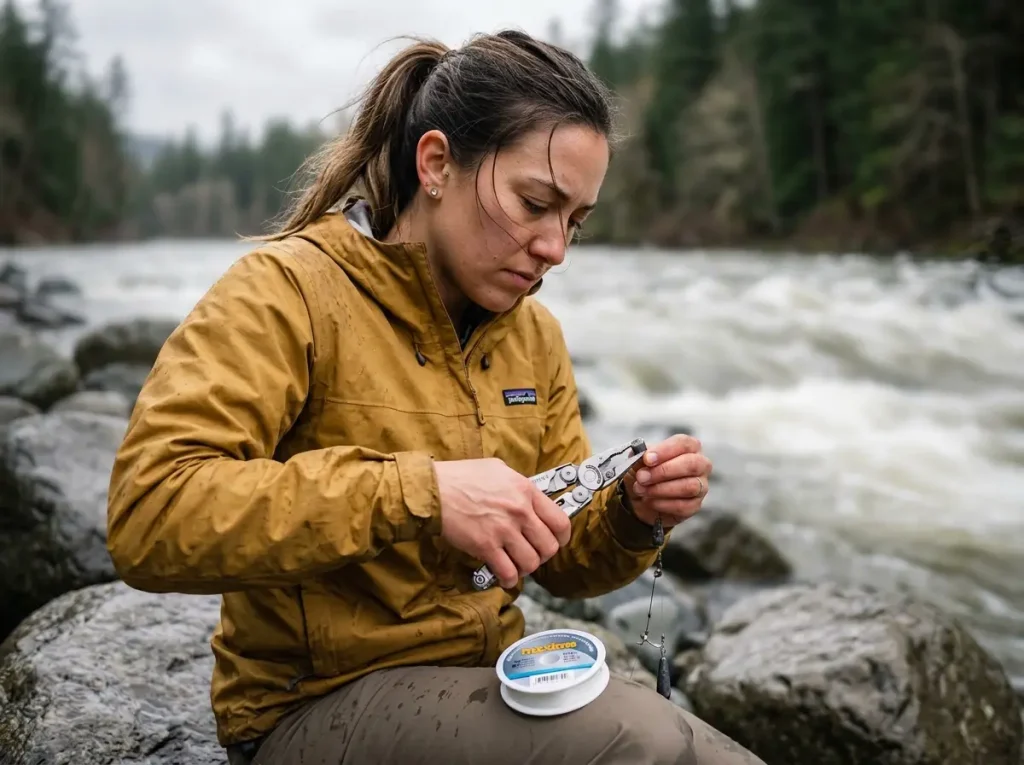 Angler adjusting weight for CFS analysis on a river