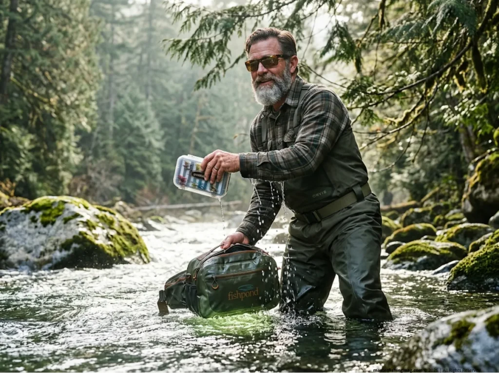 Fly fishing guide testing the strict hydrostatic head rating of a submerged Fishpond waist pack.