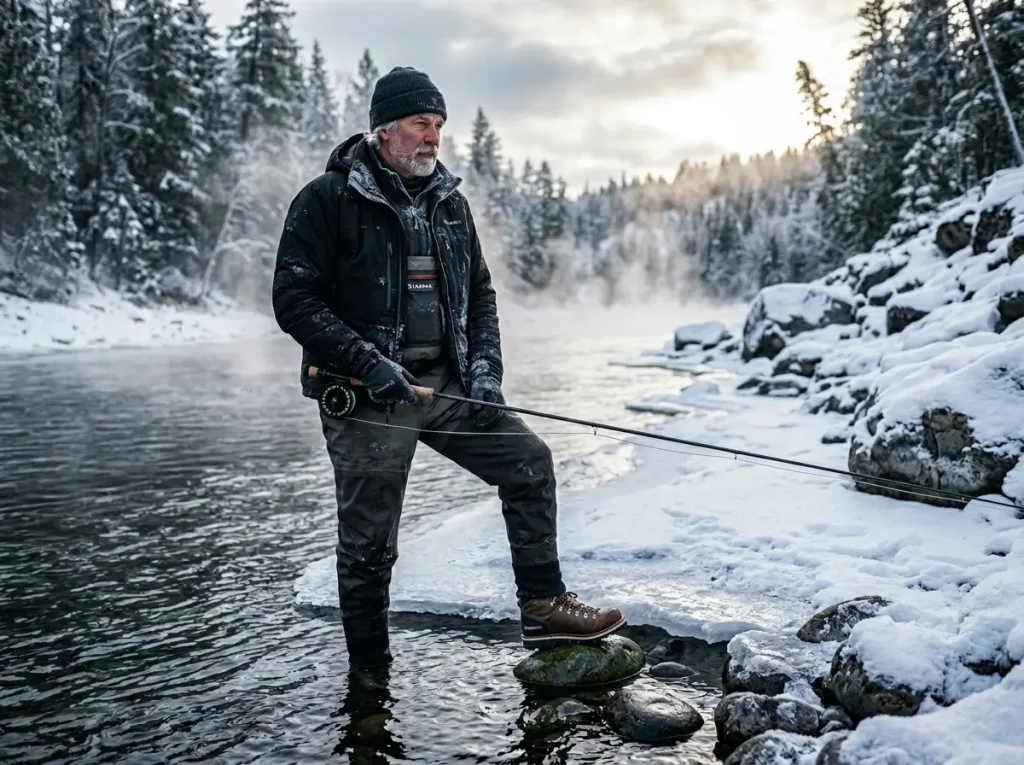 Wading safety matrix shown via veteran angler standing confidently on mixed snow and slick river rock.