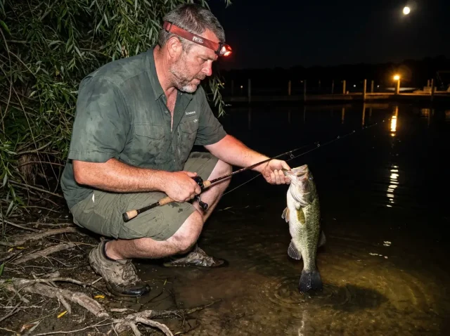 summer-bass-night-fishing-shallow-water-hero Angler landing a largemouth bass on a shallow flat during summer night fishing with headlamp