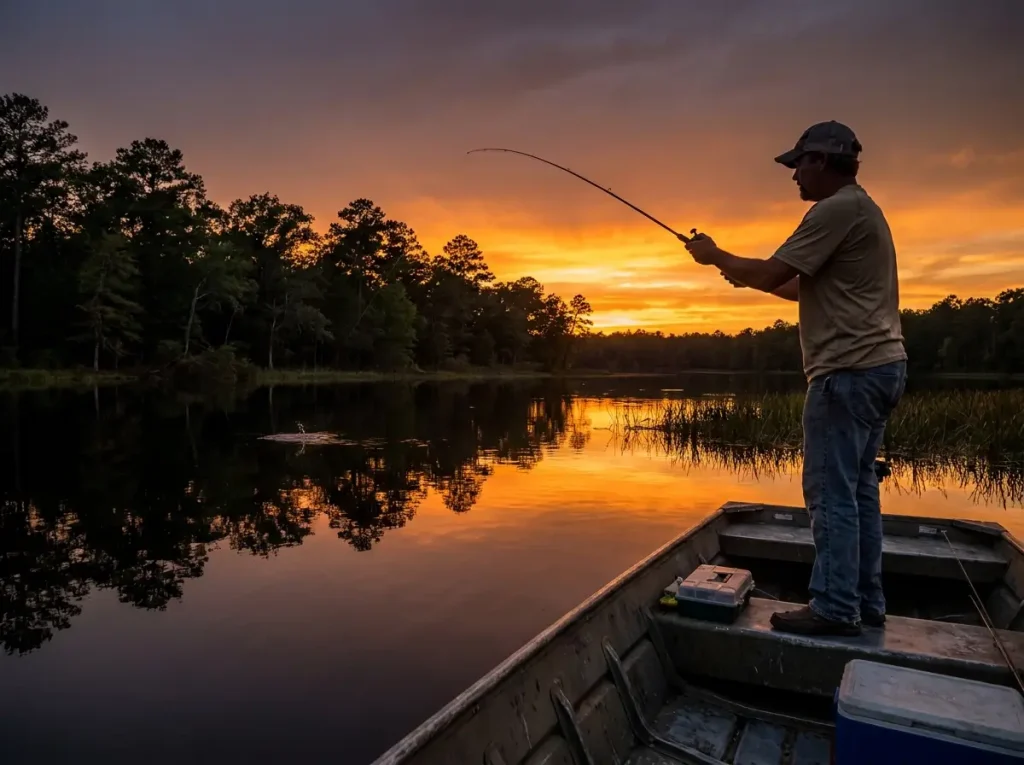 Bass angler on a lake at sunset during the pre-dark summer evening bass fishing prime window