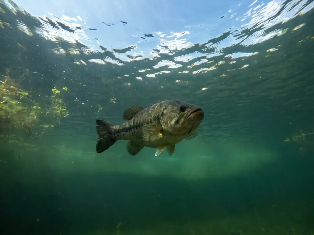 Largemouth bass hovering near the thermocline edge in clear summer lake water seeking oxygen