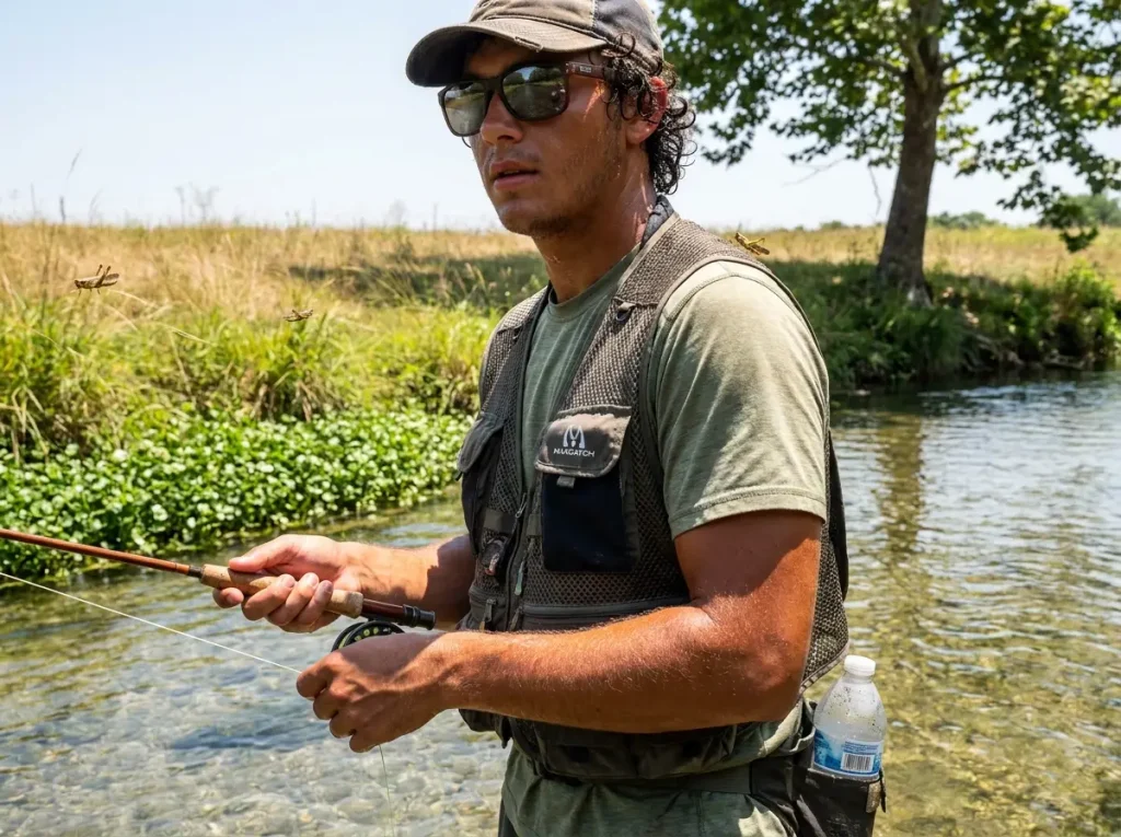 Angler in mesh vest fishing a warm summer creek with visible heat haze