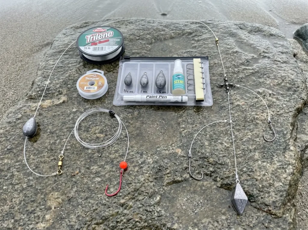 Surf perch Carolina rig and high-low rig components laid out on rock with egg sinkers, hooks, fluorocarbon leader