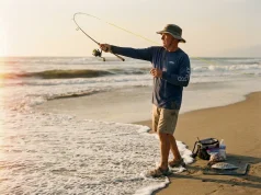 How to Catch Surfperch from Shore on Any Beach Angler casting surf fishing rod from sandy beach at incoming tide, surfperch in foreground