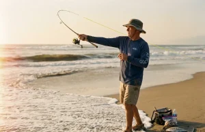 How to Catch Surfperch from Shore on Any Beach Angler casting surf fishing rod from sandy beach at incoming tide, surfperch in foreground